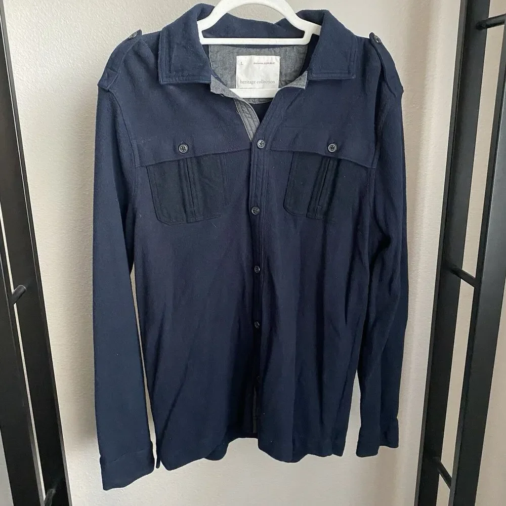Banana Republic Heritage Collection Navy Button Up Fleece Shirt Men's Size Large